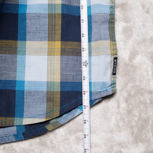 Prana Benton Blue Yellow Plaid Slim Fit Short Sleeve Button Down Shirt Mens L - Picture 8 of 13